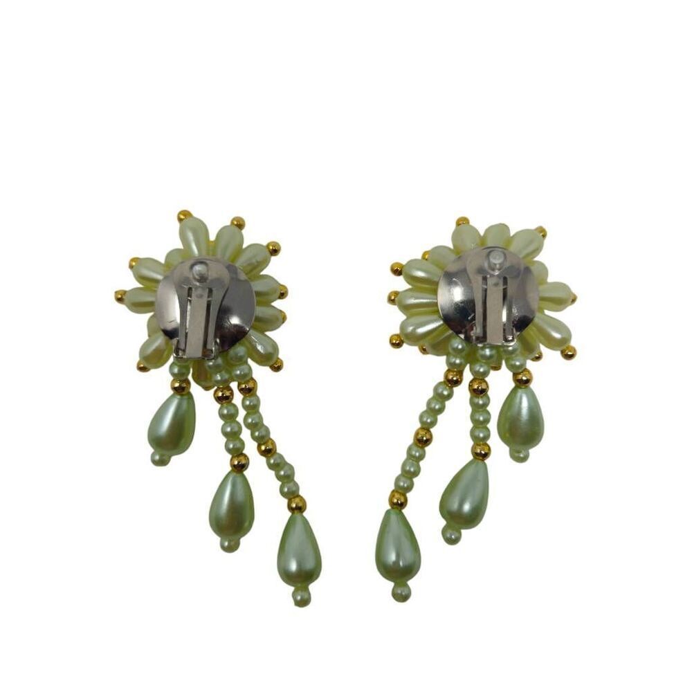 Large Vintage Spiky Pearl Flower & Gold Beaded Dangle Clip-On Earrings | 3.12" | - Picture 4 of 5